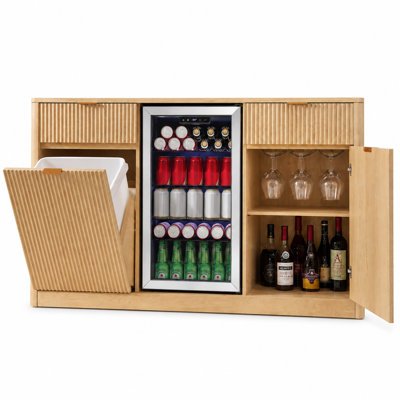 Armoire-bar 59 po avec espace pour réfrigérateur et poubelle inclinable, mini-armoire à vin pour réfrigérateur avec station de rangement / charge, buffet cannelé avec porte-verre pour salle à manger