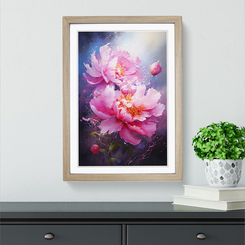 Peony Flower Action Painting - Single Picture Frame Print on Wood, Oak Framed, 34cm H x 25cm W x 2cm D