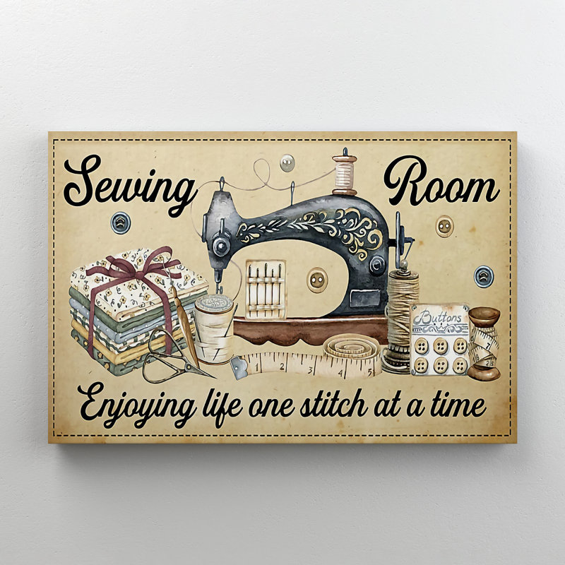 Machine à coudre sur fond brun - «Enjoying Life One Stitch At A Time» - 1 pièce, impression d'art graphique rectangulaire sur toile tendue