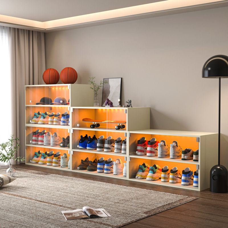 Boîte à chaussures à lumière blanche cassée à trois couches avec portes en verre, Blanc cassé