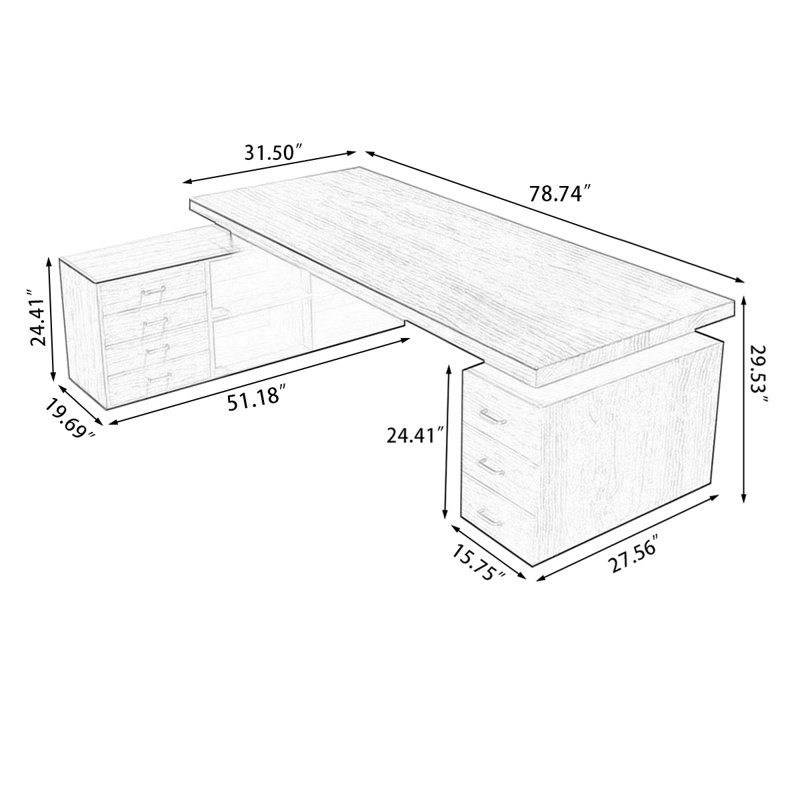 Light Walnut Color L-Shaped Solid Wood with 7 drawers desk, 29.53" H x 78.74" W x 31.50" D, Left