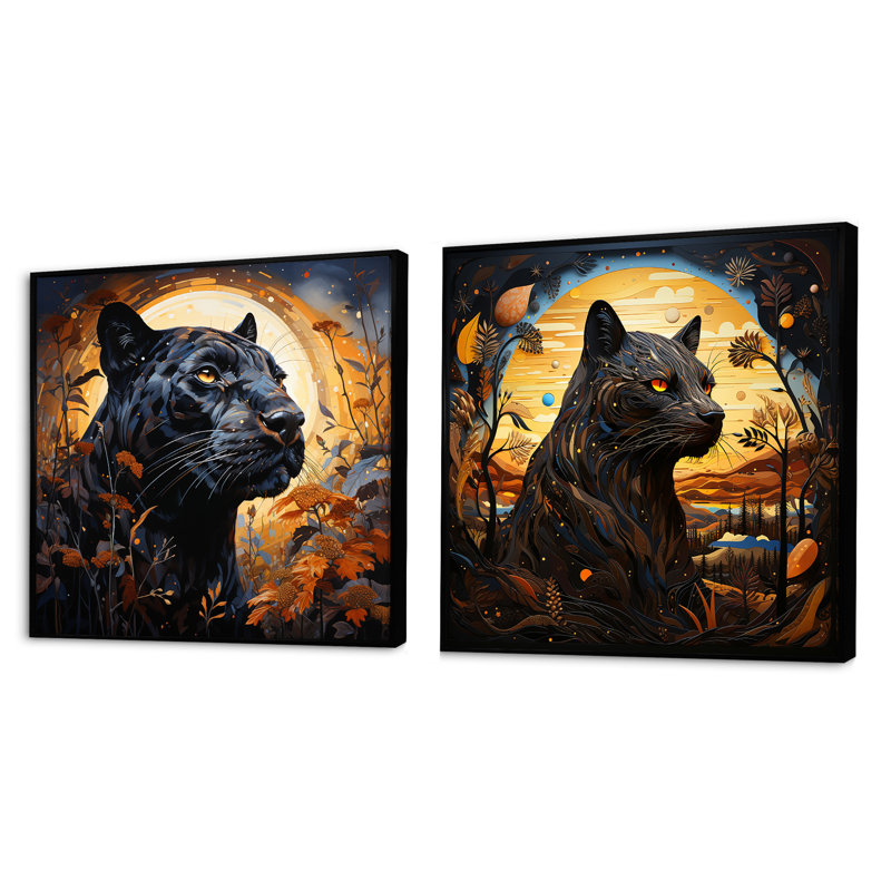 Clair de lune majestueux panthère noire - ensemble de 2 animaux panthères carrés, Cadre flottant noir, H 36 po x l 73 po