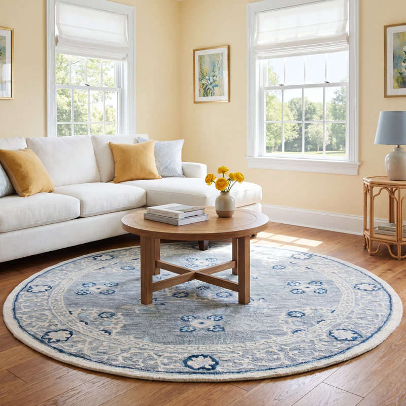 Akins Oriental Handmade Tufted Wool Gray/Ivory Area Rug, Round 6'