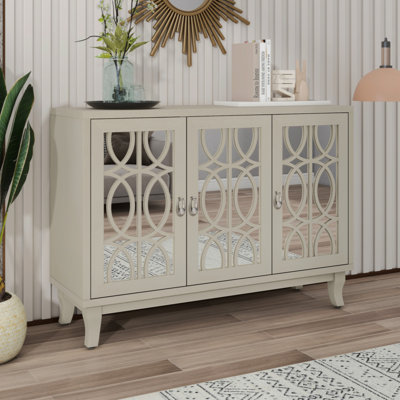 Sideboard With Glass Doors, 3 Door Mirrored Buffet Cabinet With Silver Handle