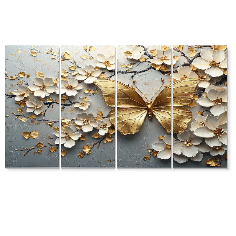 Papillon doré sur arbre à fleurs de cerisier II - Ensemble de décoration murale cerisier en fleurs, H 28 po x l 48 po
