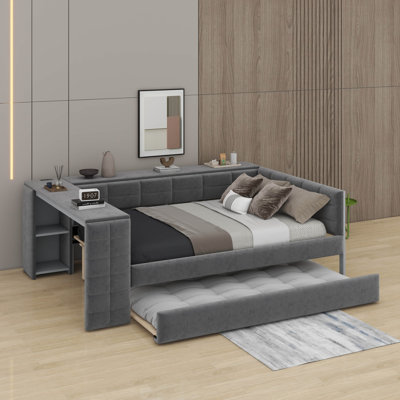 Lit plateforme double tapissier avec bureau et lit gigogne