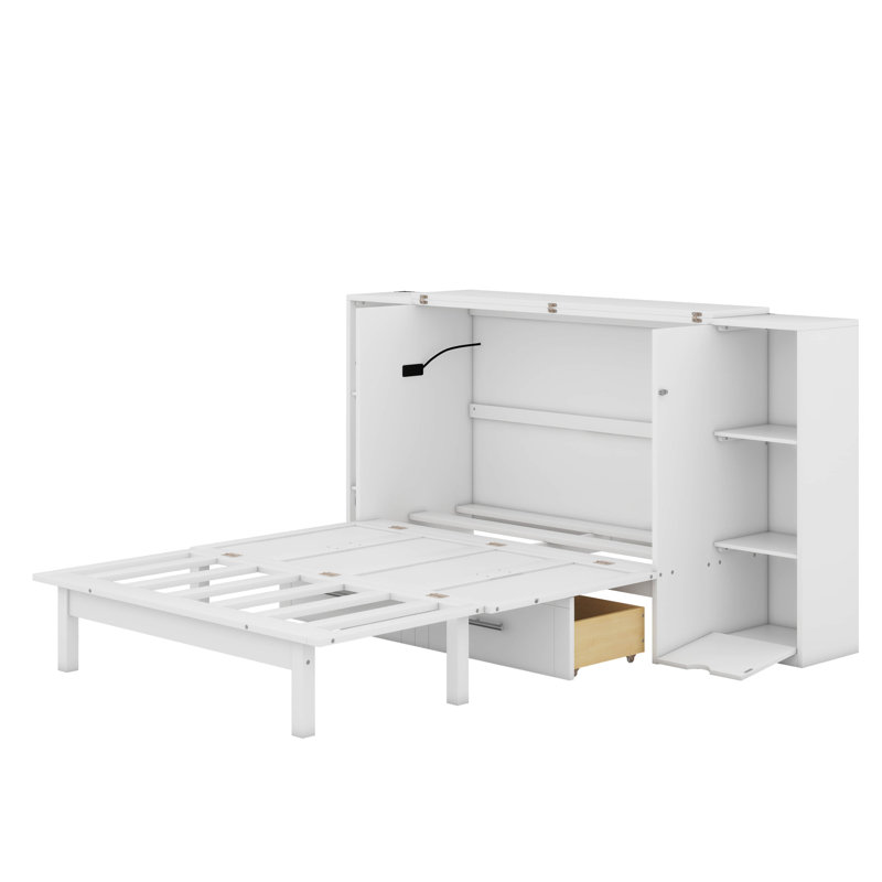 Lit escamotable avec tablettes, tiroirs et ports USB Murphy, Blanc, Lit double