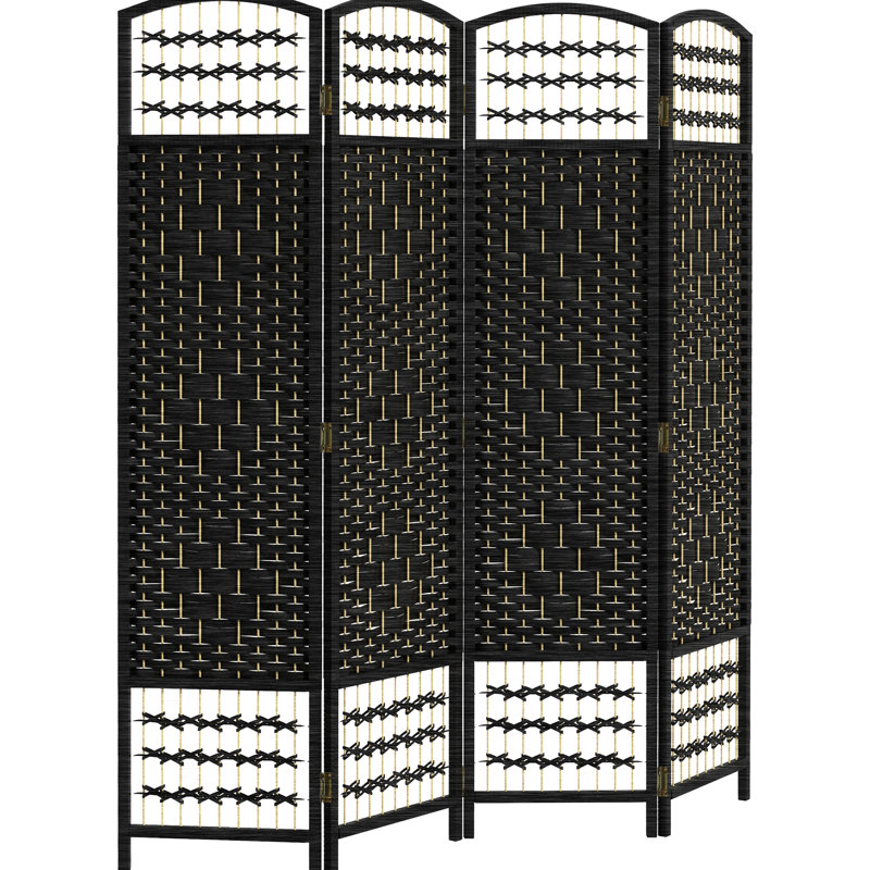 Paravent 4 panneaux pliable noir, écran d'intimité, 5,6 pi, cloison en fibre ondulée, tissé à la main pour la chambre à coucher, le salon, le coin astucieux
