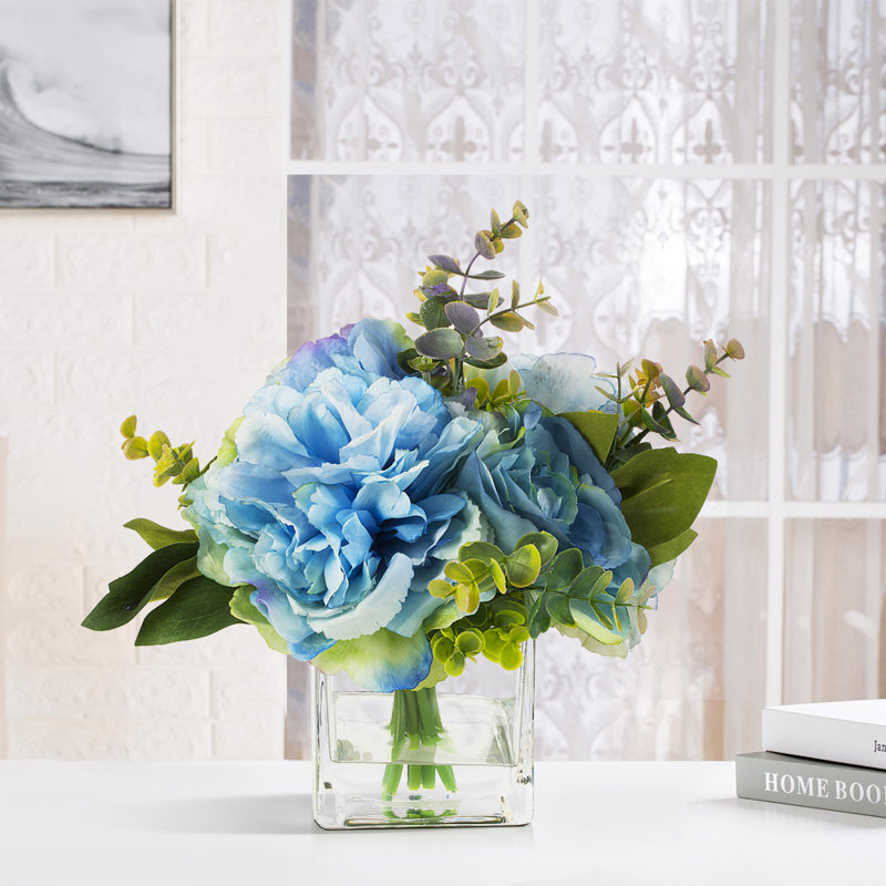 Blue Faux Silk Peony and Rose Arrangement in Glass Vase