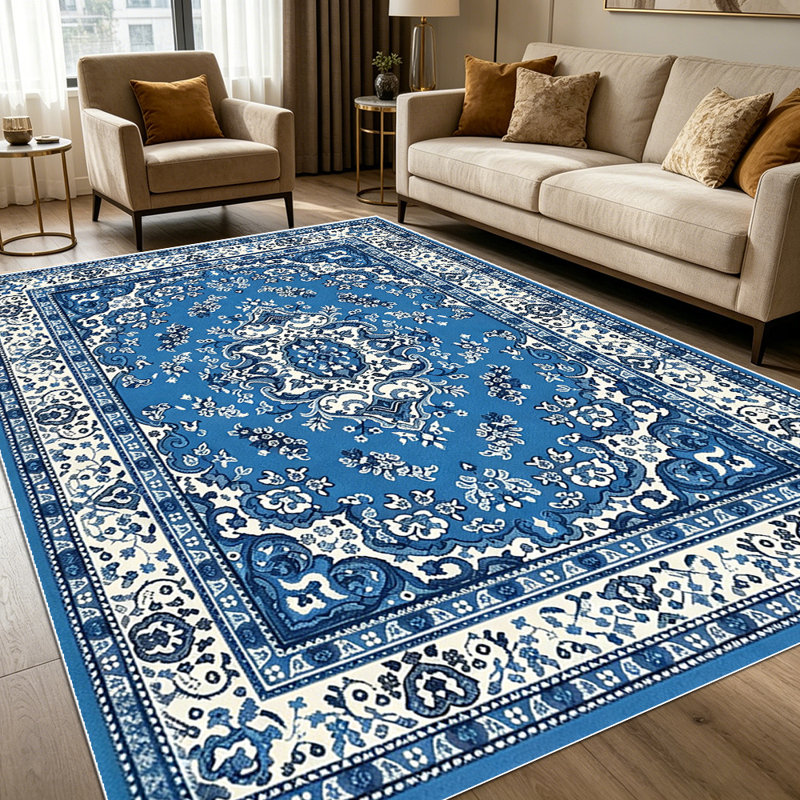 1PC Vintage Persian Blue White Floral Medallion Boho area rugs for Living Room, Soft and Comfortable, Suitable for all seasons, easy-to-maintain, machine washable Indoor floor mat, Under Table Farmhouse suitable for dining room, bedroom, kitchen.