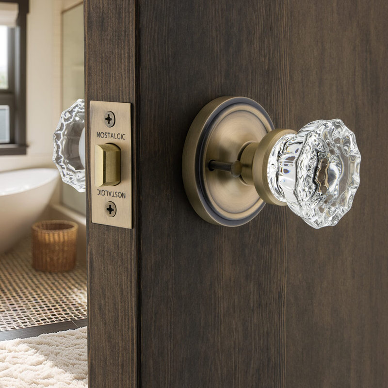 Classic Rosette with Crystal Door Knob, Antique Brass, 2-3/8"
