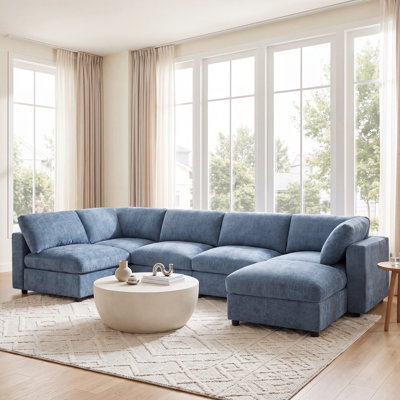 Canapé d'angle 6 places en chenille de 328 cm avec pouf