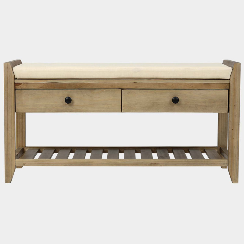 Meirav Shoe Rack with Cushioned Seat and Drawers, Multipurpose Entryway Storage Bench, Grey Wash, Solid Wood