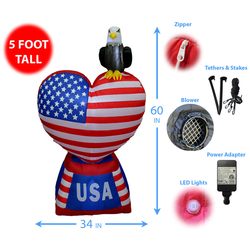 5 Foot Tall Patriotic Inflatable Heart with American Flag and Eagle