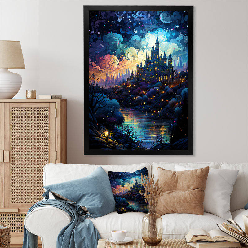 Nuit étoilée, château de Dracula - Vangogh, art mural, Cadre simple noir, H 44 po x l 34 po x P 1,5 po