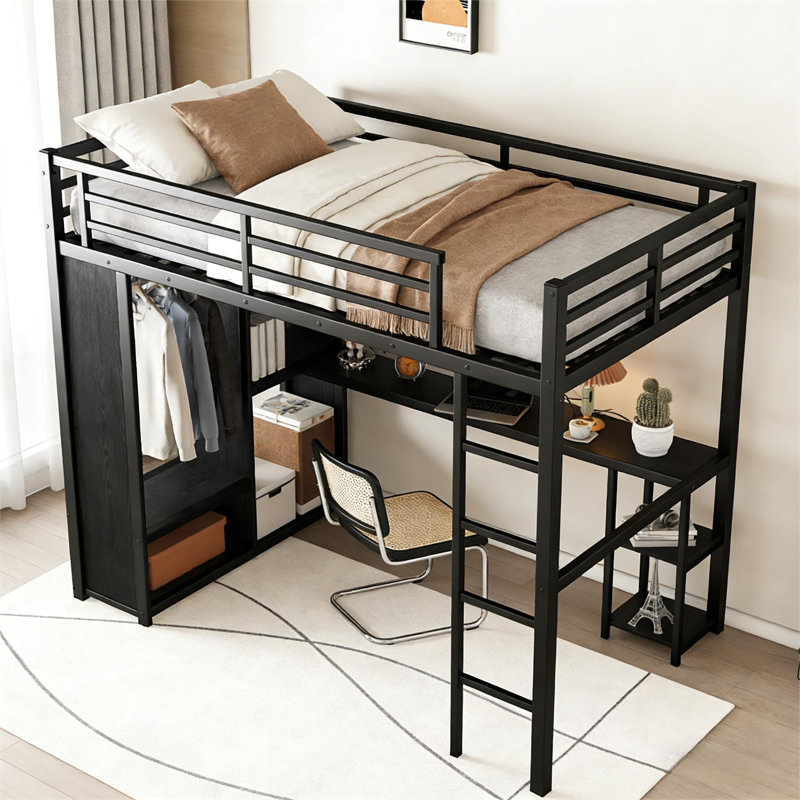 Structure de lit mezzanine en métal pour grand lit avec garde-robe intégrée, bureau et tablettes de rangement pour la chambre à coucher, conception peu encombrante
