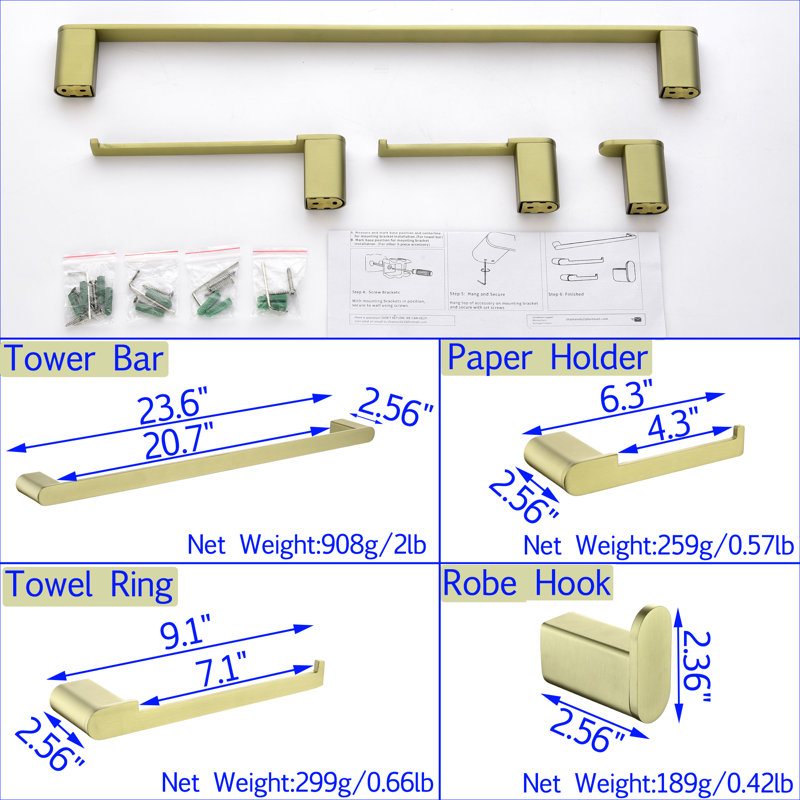 4 - Piece Bathroom Hardware Set, Brushed Gold