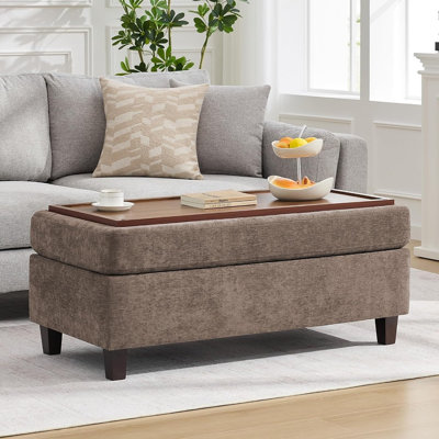 Large Brown Chenille Storage Ottoman Bench with Flip-Top Wooden Tray, Solid Wood Legs, and Multifunctional Design for Living Room, Bedroom, or Entryway