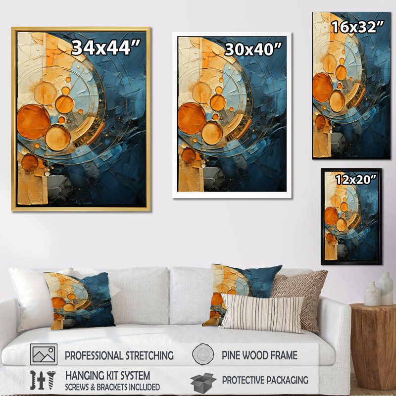 «Niamalika Gold Teal Abstract Spirals I», reproduction sur toile, Cadre noir, H 40 po x l 30 po x P 1,5 po