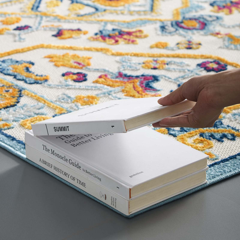 Blue Floral Synthetic Rectangular Stain-Resistant Area Rug