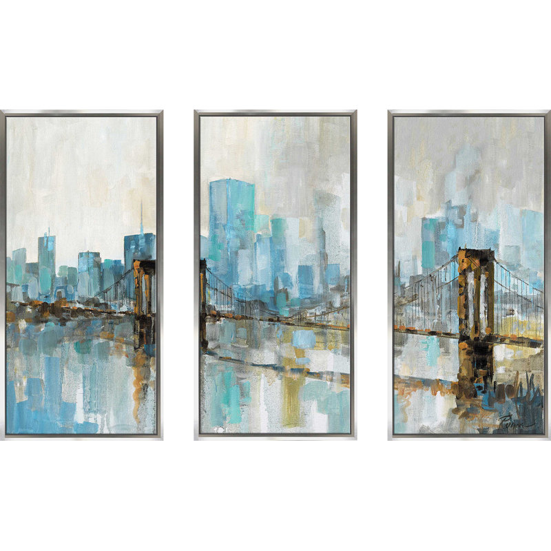 "Teal City Shadows" par Ruane Manning, reproduction de 3 pièces sur toile flottante, H 33,5 po x l 52,5 po x P 2 po
