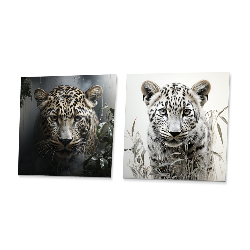 Portrait de léopard gris majestueux I - Ensemble de 2 impressions carrées léopard, H 29 po x l 58 po