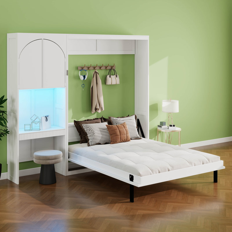 Lit escamotable avec bureau, armoire de rangement, lumière DEL, cadre de lit mural pliable Farmhouse, tablettes de rangement multiples