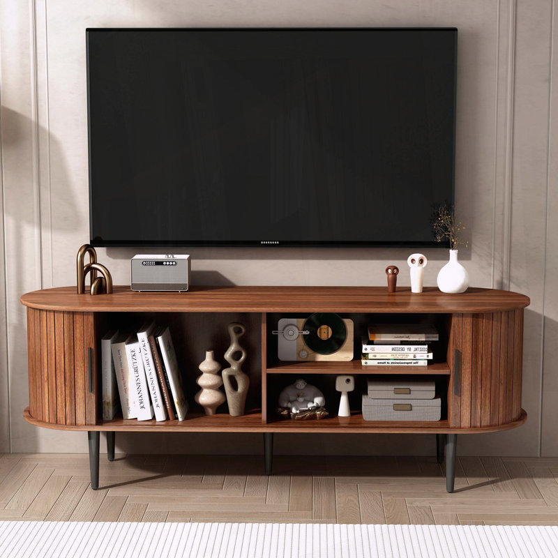 Meuble télé 55 po en noyer avec porte coulissante et compartiments de rangement - console de divertissement pour le salon, la chambre à coucher ou le bureau