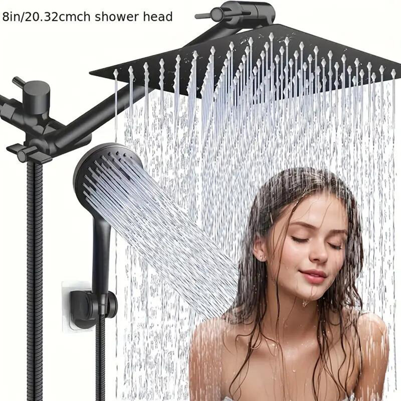 Pomme de douche noire à haute pression 8 pouces avec bras de rallonge 11 po et 3 bras de douche anti-fuites, Black
