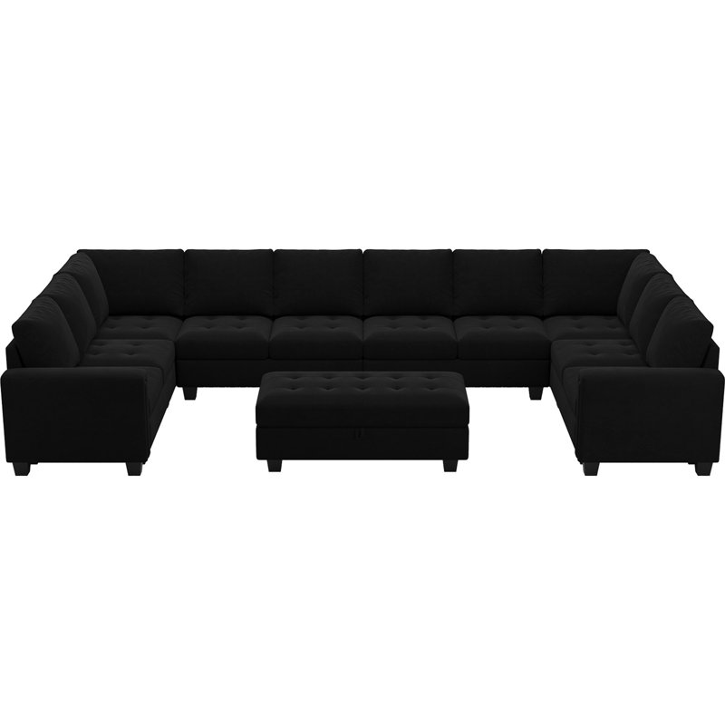Shavera 155.8" W Velvet Upholstered 8-Person Sectional with Ottoman, Black Velvet