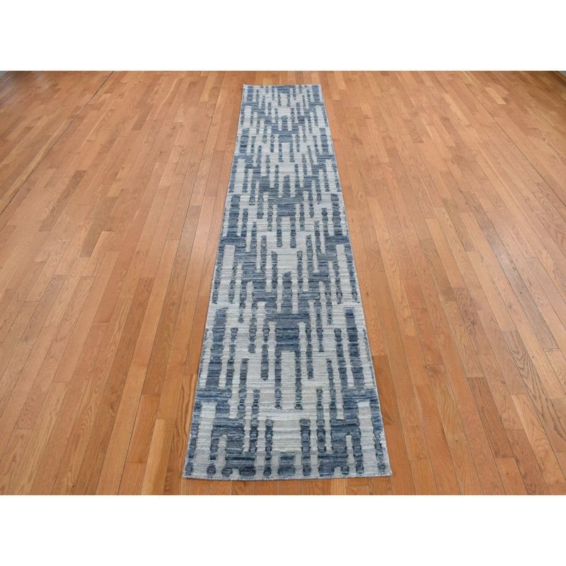 2'6x12'3" Blue Pure Silk and Textured Wool Zigzag with Graph Design Hand Knotted Runner Rug