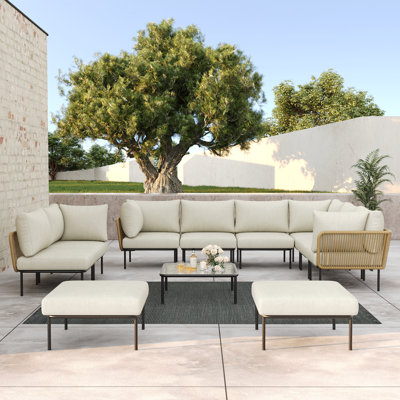  Ensemble modulaire d'extérieur en corde tissée en osier 11 pièces avec table et coussins pour foyer d'extérieur