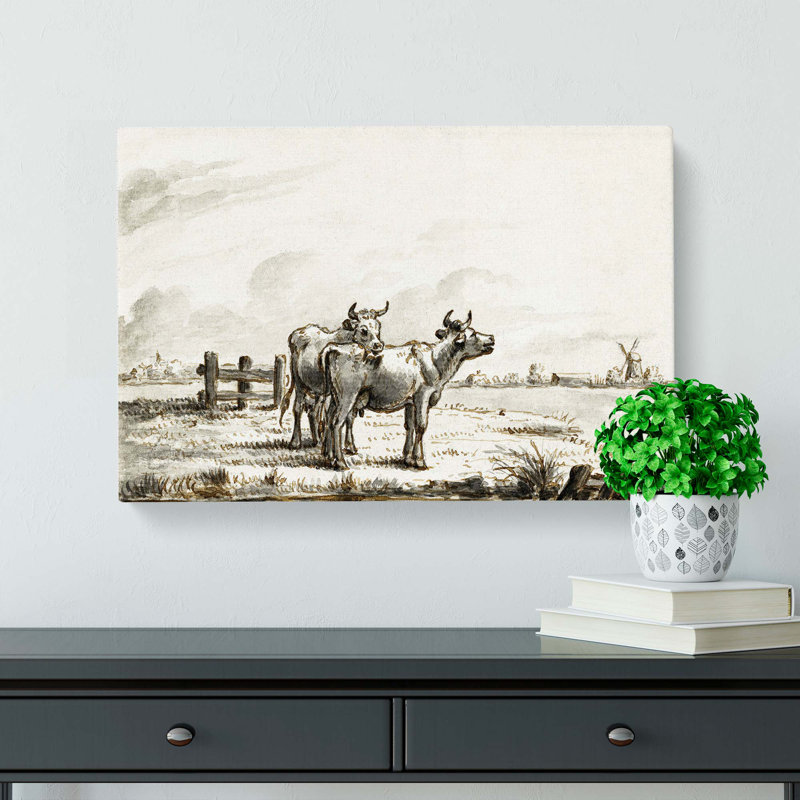Two Cows in a Meadow by Jean Bernard - Wrapped Canvas Drawing - Wrapped Canvas, 35cm H x 50cm W x 3cm D