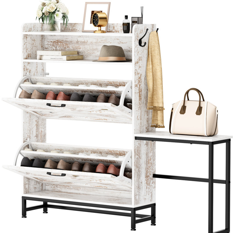 Commode à chaussures d'entrée au fini blanc, 2 tiroirs rabattables avec fentes réglables, rétro rustique, basculant, armoire de construction: blanc, tiroir amovible charmant et fonctionnalité