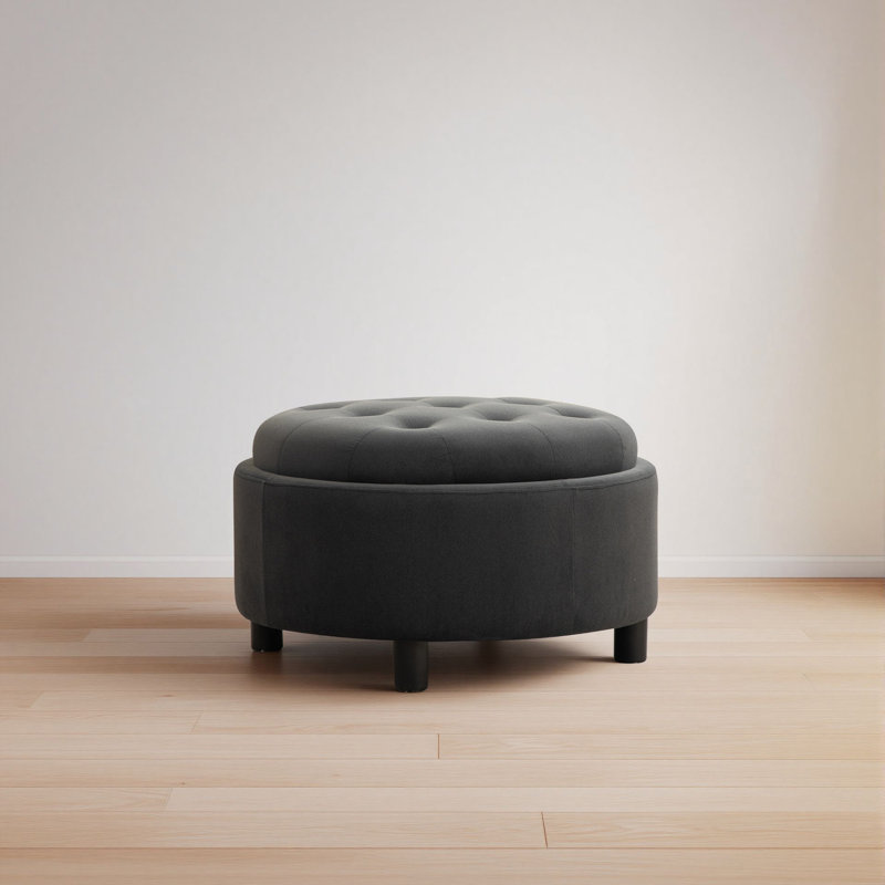 Upholstered Round Ottoman With Reversible Lid, Gray