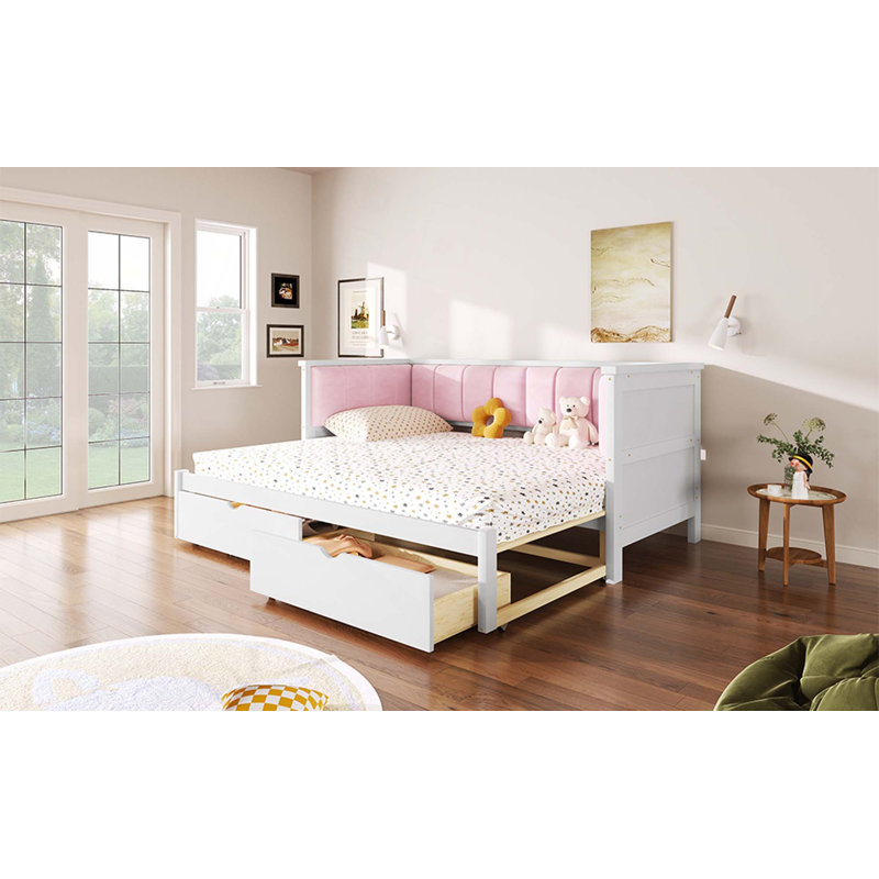 Twin XL To King Size Daybed With Two Storage Drawers And Upholstered Backrest