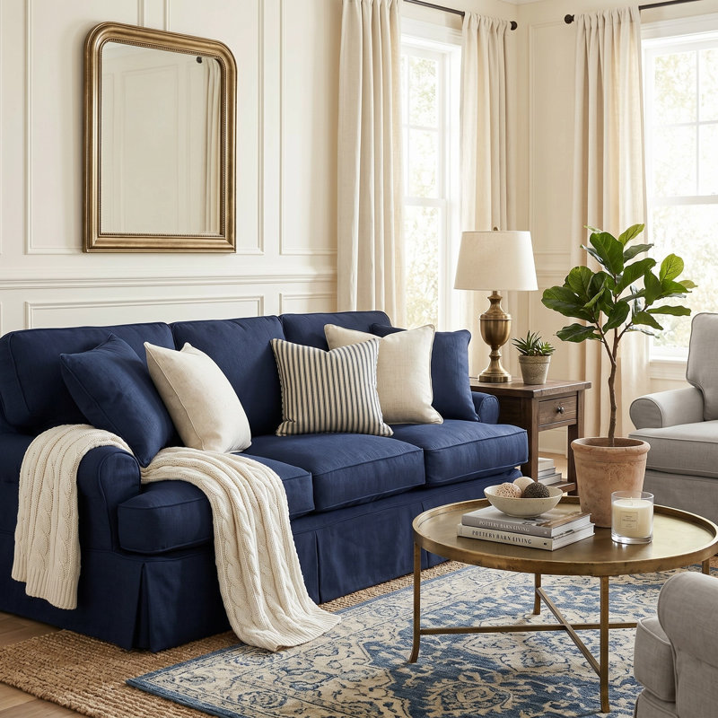 Pike 85" Rolled Arm Slipcovered Sofa with Reversible Cushions, Navy Blue