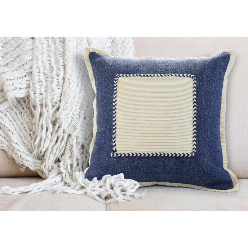  Square Cotton Pillow Cover & Insert, Navy/Cream
