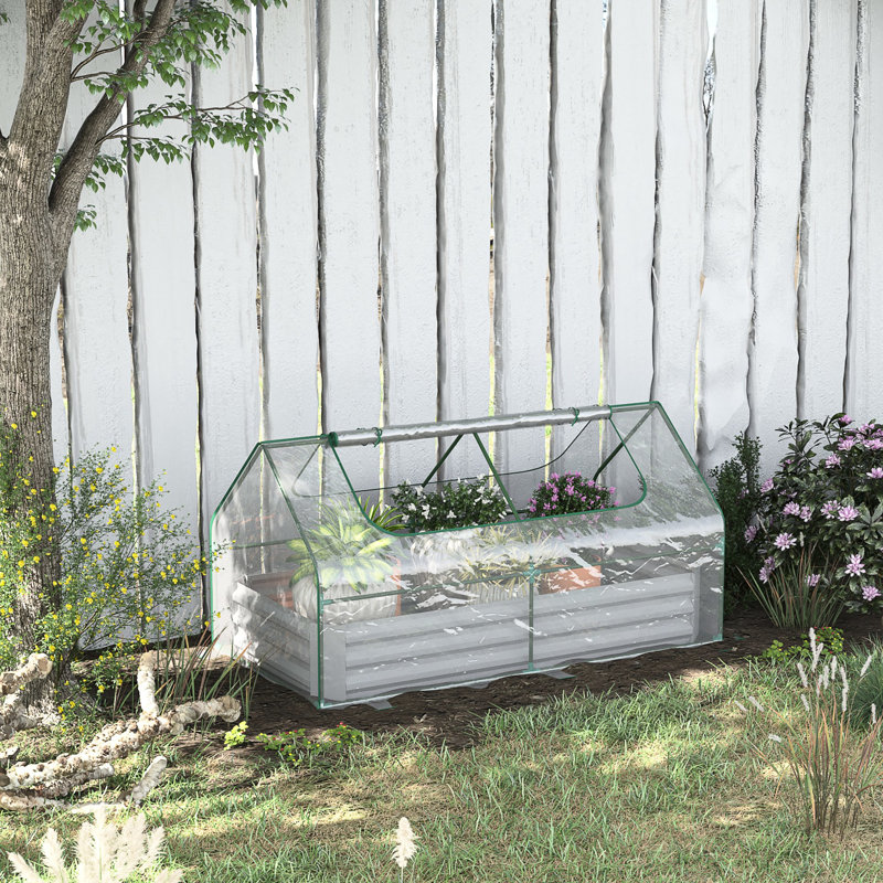 Raised Garden Bed With Mini PVC Greenhouse Cover, Outdoor Metal Planter Box With 2 Roll-Up Windows