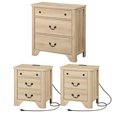 Haikey 3PCS Farmhouse Dresser Set, Wood Nightstand Set Of 2 With Charging Station And 3-Drawer Dresser For Bedroom, Living Room, Hallway,Dining Room by Lark Manor