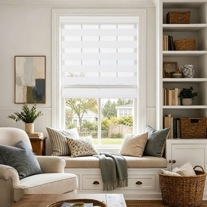 Rideaux zébrés sans fil double couche jour et nuit intimité et sans installation, sans tracas, blanc l 46 po x H 75 po, Blanc