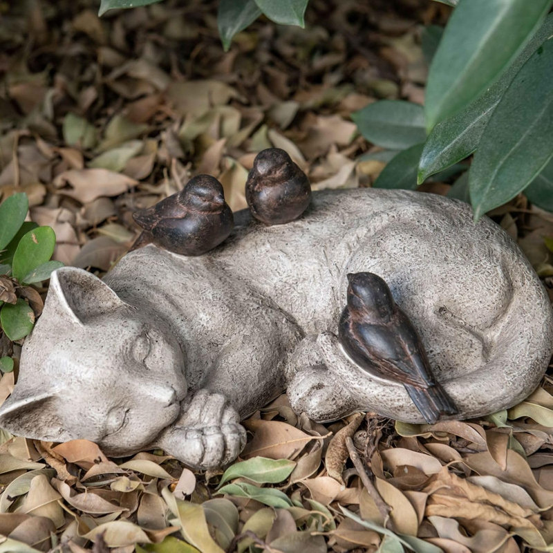 Statues de jardin en forme de chat endormi - statue commémorative de moineaux sur chat 12 "statues en résine