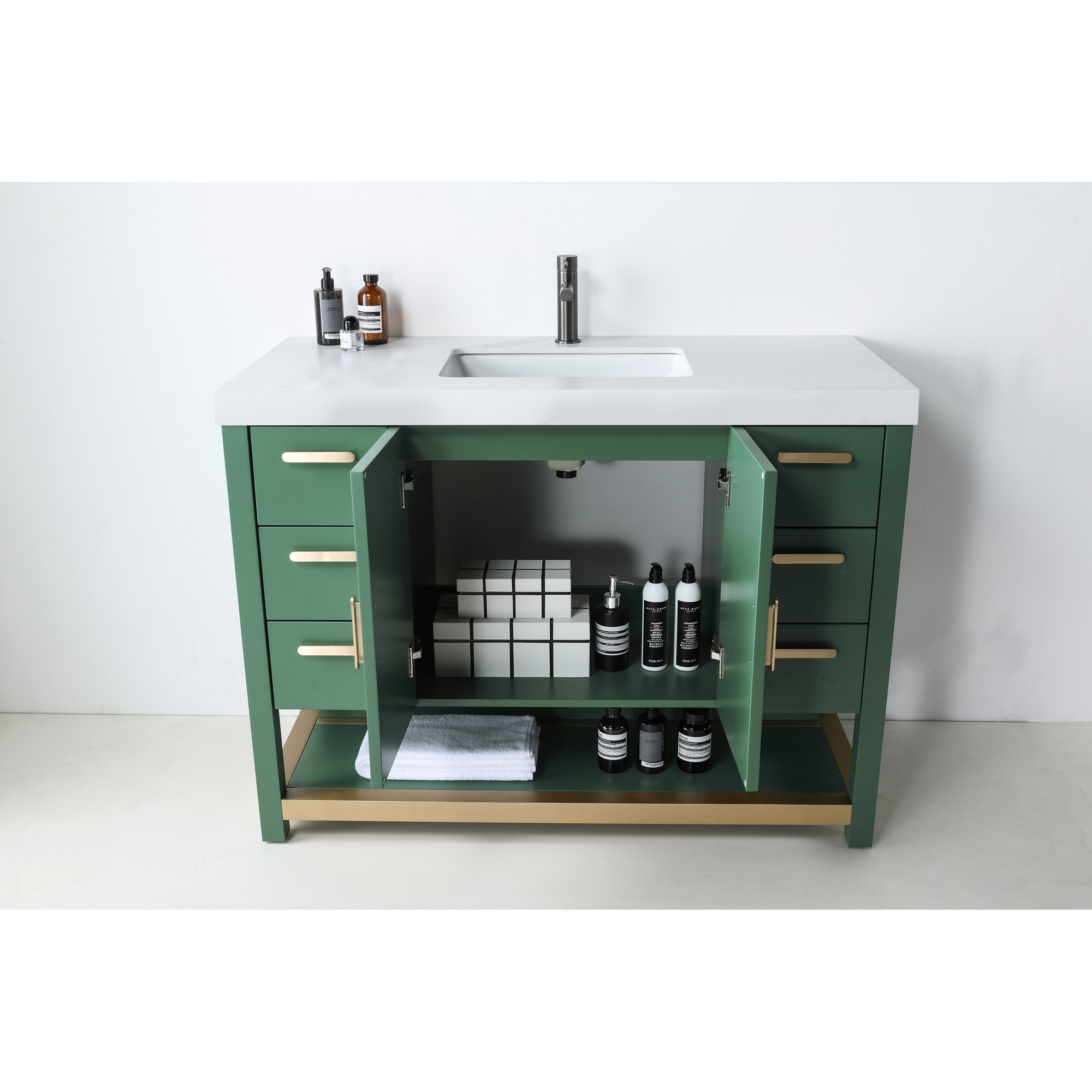 Willard 48" Veneer Plywood Bathroom Vanity with Engineered Quartz Top, White, Forest Green