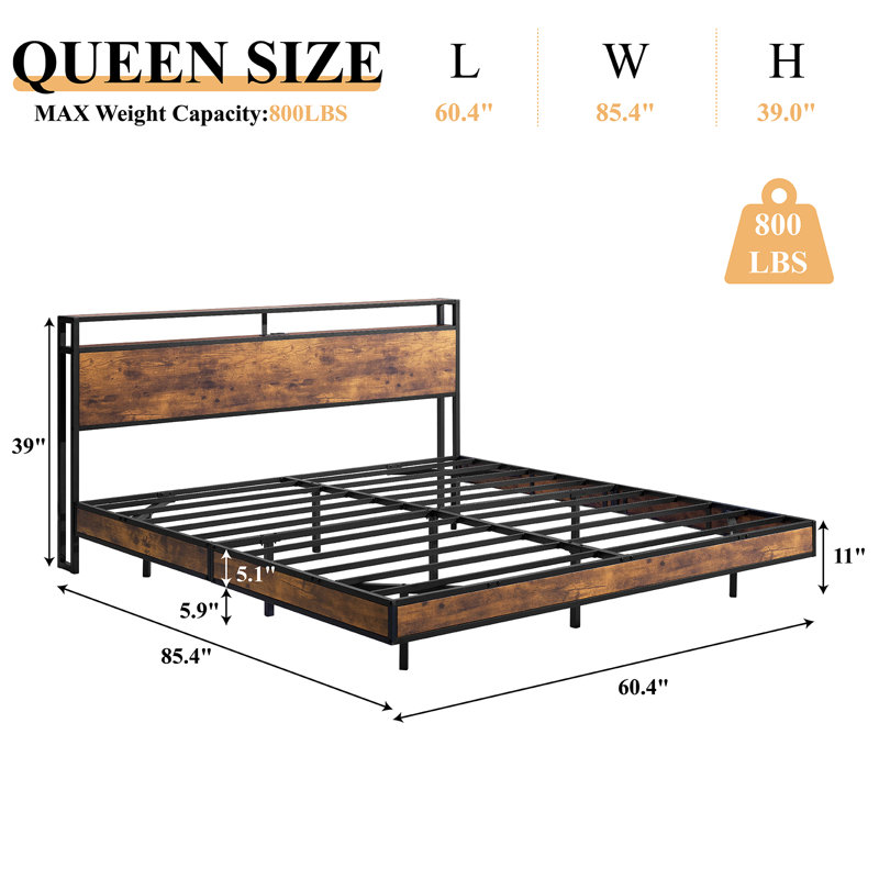 Queen Rustic Brown Wood Floating Bed Frame with LED Lights and USB Ports
