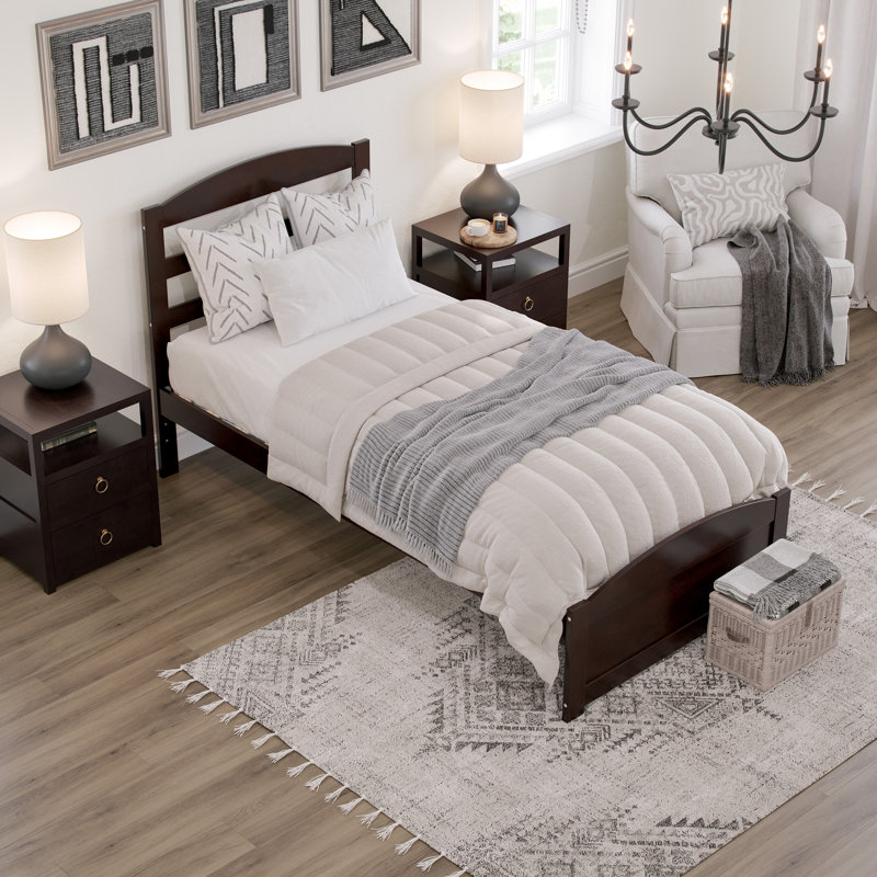 Elliana Solid Wood Platform Bed with Footboard & Built-in Charging Station, Espresso, Twin