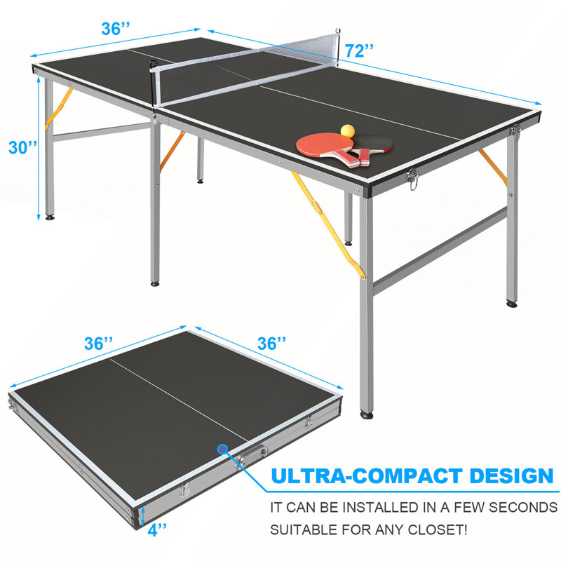 Table de tennis de table de taille moyenne de 6 pi pliable et portable pour les jeux d'intérieur et d'extérieur avec filet, raquettes et balles