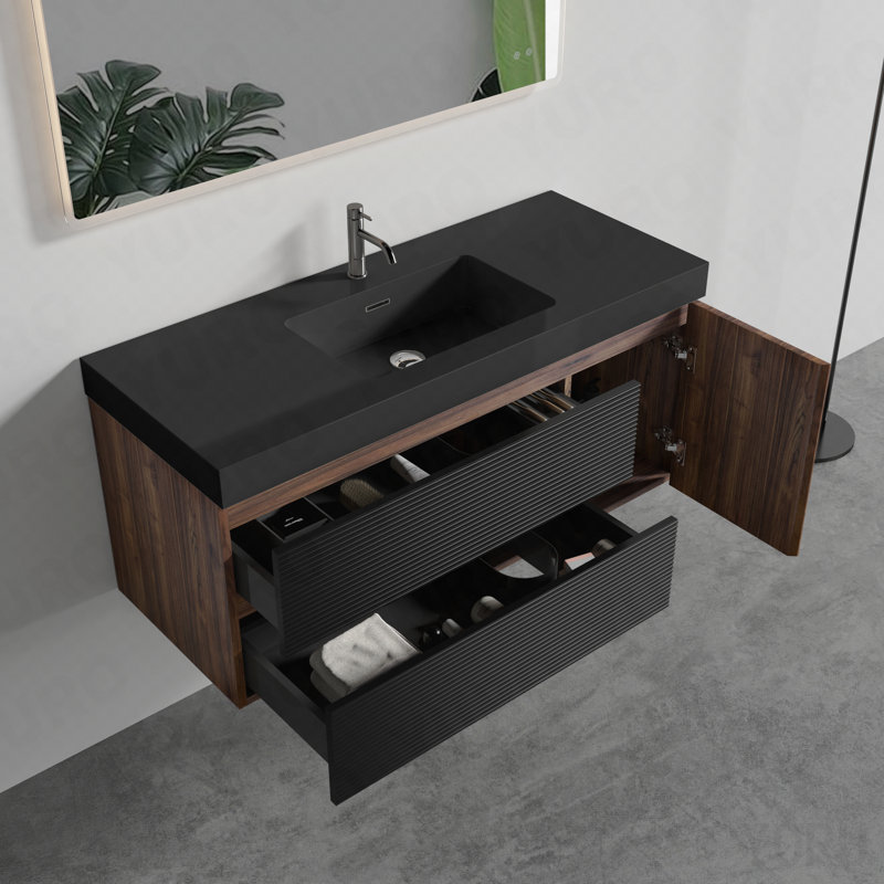 Meuble-lavabo 48 po en noyer avec lavabo en quartz noir mat et tiroirs noirs et une porte, meuble-lavabo mural flottant pour salle de bain moderne, lavabo noir mat, pré-assemblé