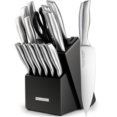 Ensemble de couteaux 15 pièces Zulay Kitchen Premium avec bloc en bois naturel et aiguiseur intégré