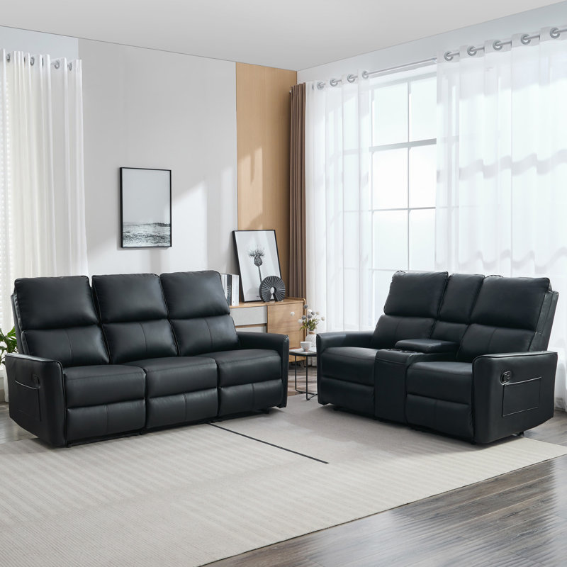 Elizjah 5 Seater Faux Leather Reclining Sofa, Black