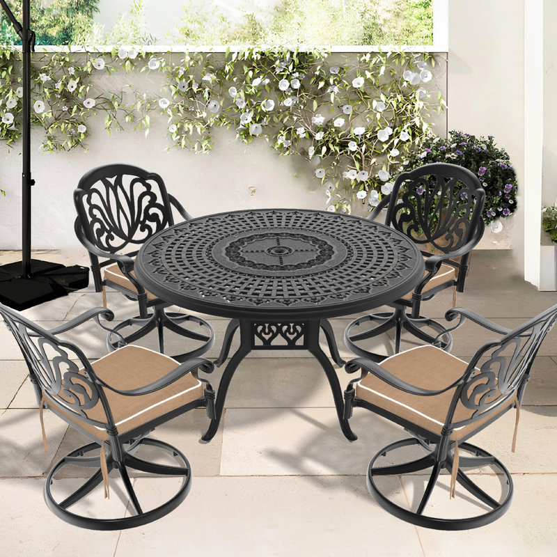 Table de salle à manger en aluminium coulé 5 saisons toutes saisons - 4 chaises pivotantes et une table ronde noire de 47,24 po.